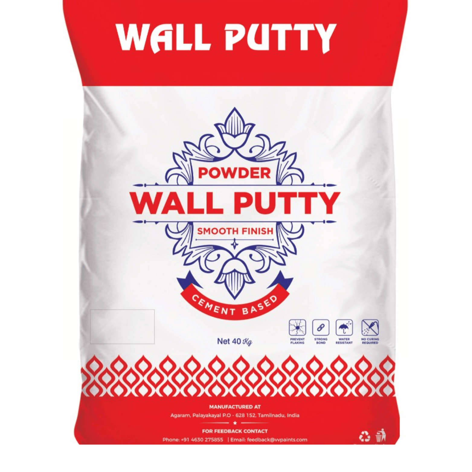 A packet of powder wall putty for surface finishing.