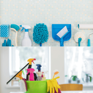 Basket filled with various cleaning tools, including sponges, brushes, and sprays, organized neatly