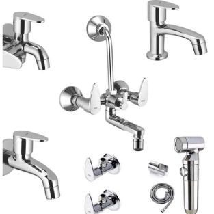 Bathroom tap with a spray feature and dual side handles for hot and cold water control.